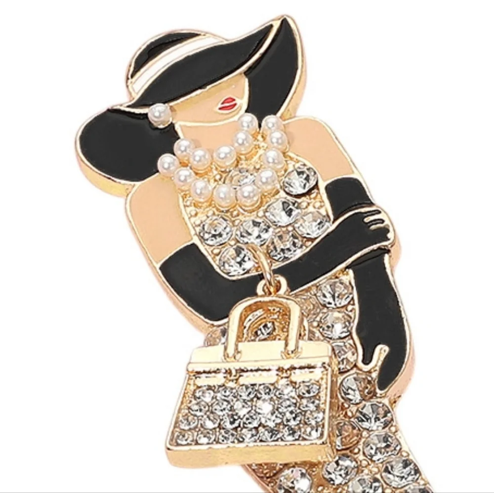Chic Black Gold Rhinestone Pearls Lady Brooch Pin Elegant Cute Glam Hat Handbag